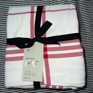 NWT West Elm Farmhouse Cottage Plaid Red White Queen Duvet Cover